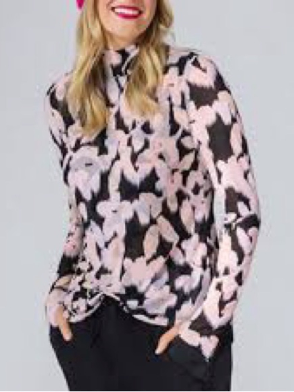 CAbi Black & Light Pink Floral High-Neck Long-Sleeve Top